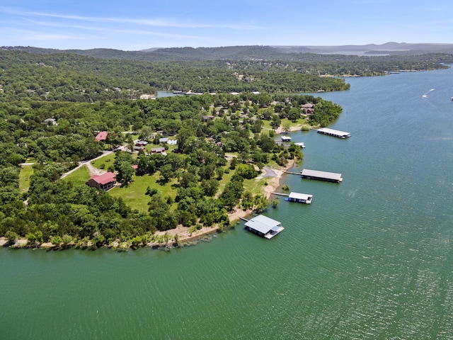 drone / aerial view featuring a water and mountain view