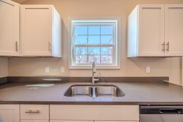 kitchen with a sink, white cabinets, and stainless steel dishwasher