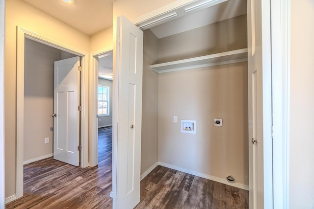 laundry area featuring laundry area, hookup for a washing machine, dark wood finished floors, and hookup for an electric dryer