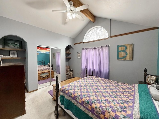 bedroom featuring carpet floors, beamed ceiling, high vaulted ceiling, and a ceiling fan