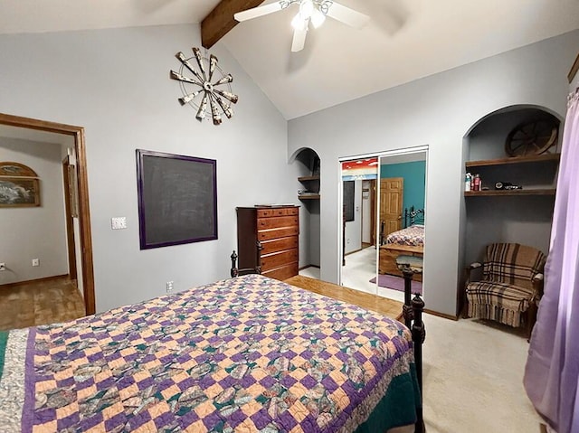 bedroom featuring a ceiling fan, light carpet, and lofted ceiling with beams