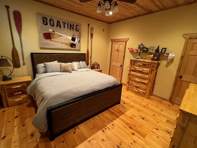 bedroom with light wood finished floors, wood ceiling, and a ceiling fan