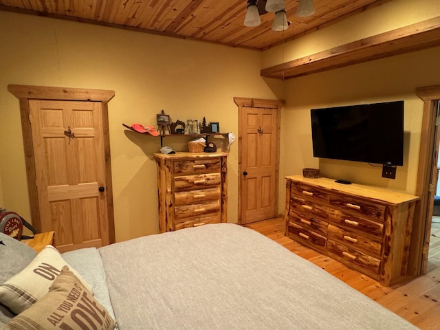 bedroom featuring light wood-type flooring, wooden ceiling, and ceiling fan