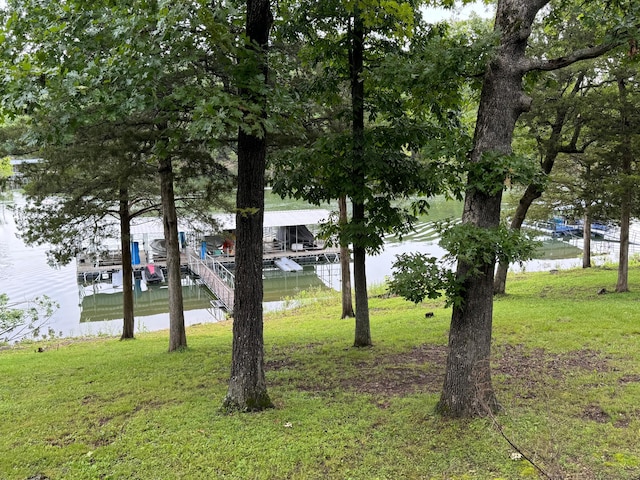 view of yard featuring a water view and a floating dock