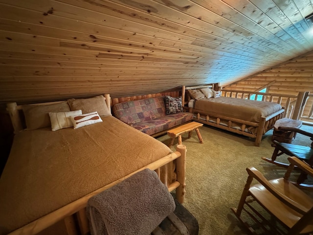 bedroom with carpet floors, wooden ceiling, vaulted ceiling, and log walls