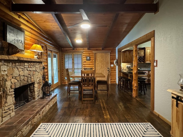 dining room with rustic walls, dark wood finished floors, lofted ceiling with beams, wood ceiling, and a fireplace