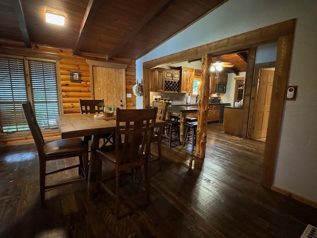 dining area featuring rustic walls, wooden ceiling, dark wood finished floors, and lofted ceiling with beams