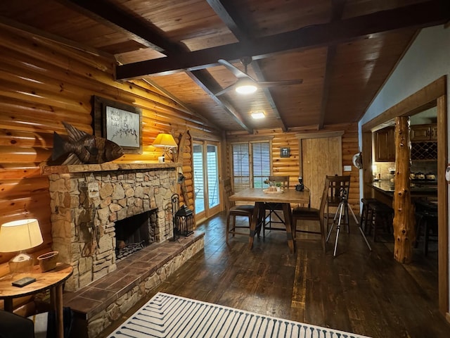 dining room with dark wood-style floors, log walls, lofted ceiling with beams, ceiling fan, and wooden ceiling