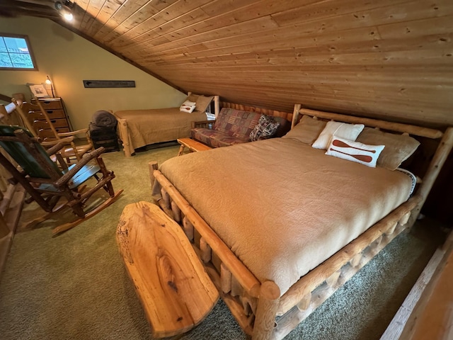 carpeted bedroom with lofted ceiling and wooden ceiling