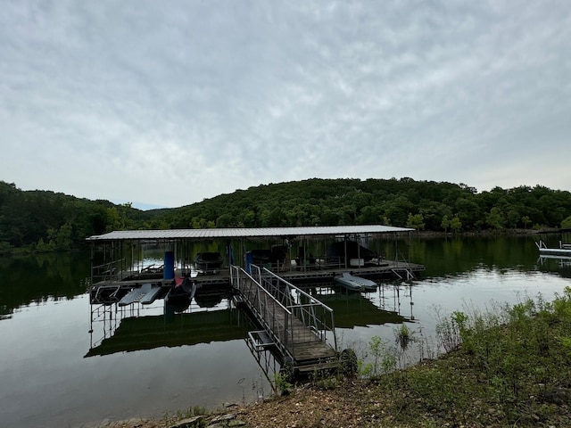 dock area with boat lift, a water view, and a wooded view