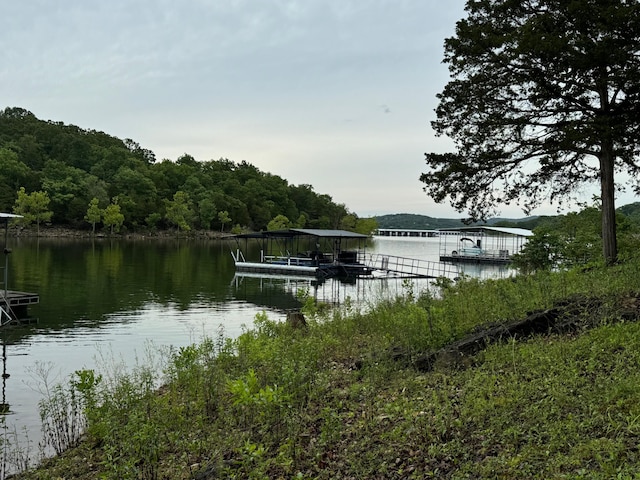 view of dock featuring a forest view and a water view