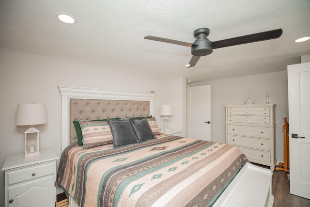 bedroom with dark wood-style floors, ceiling fan, and recessed lighting