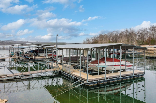 view of dock with a water view and boat lift