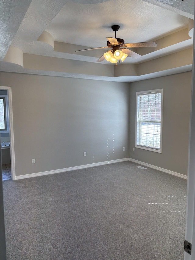 spare room with carpet floors, a raised ceiling, a textured ceiling, and baseboards