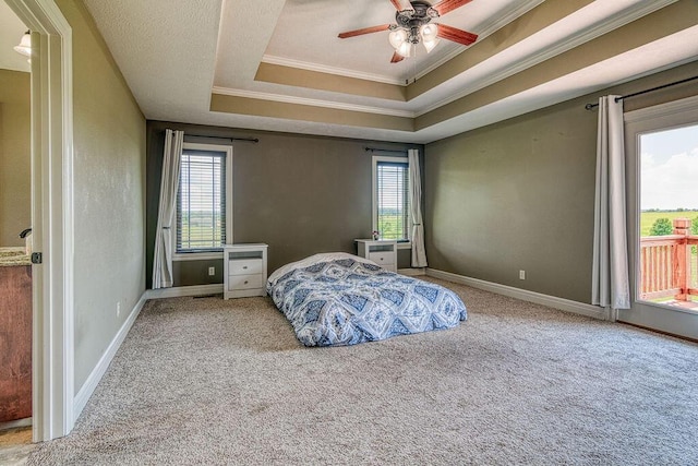 bedroom with carpet floors, ornamental molding, multiple windows, and a raised ceiling