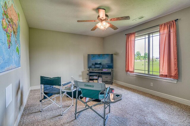 office area with carpet floors, visible vents, ceiling fan, and baseboards