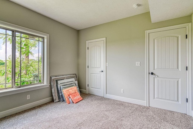 unfurnished bedroom with carpet, multiple windows, a textured ceiling, and baseboards