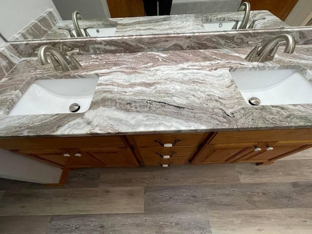 bathroom with wood finished floors and vanity