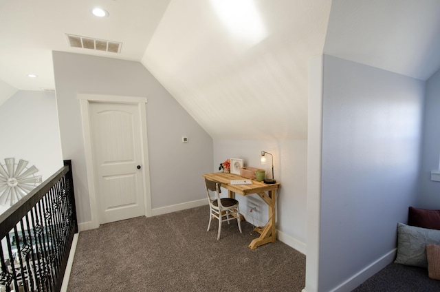 office space with visible vents, baseboards, carpet, vaulted ceiling, and recessed lighting