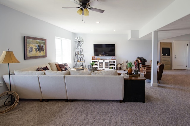 living room featuring carpet flooring, a ceiling fan, and recessed lighting