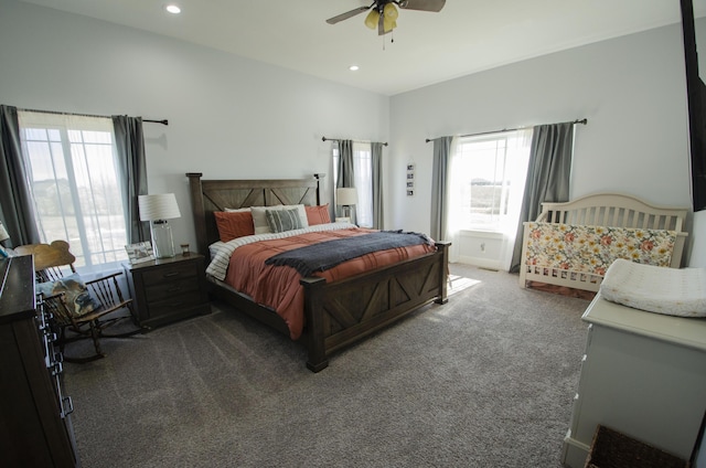 bedroom with recessed lighting, dark carpet, and ceiling fan