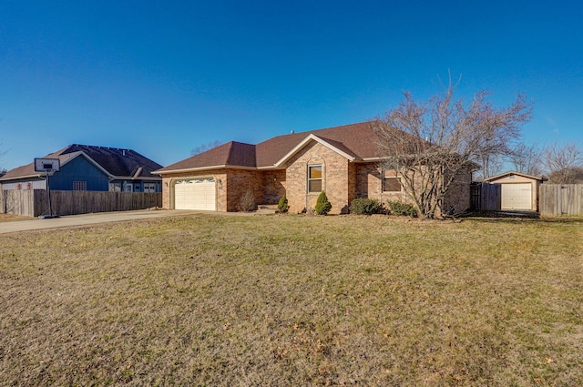 ranch-style house with a front yard, brick siding, and a storage shed