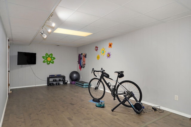 workout area featuring track lighting, baseboards, and wood finished floors