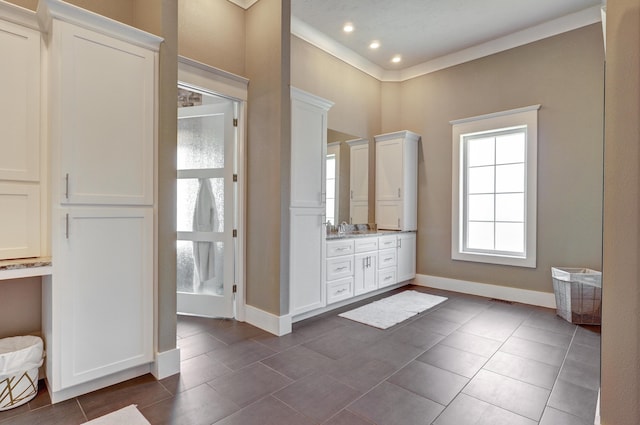 full bath featuring tile patterned floors, baseboards, recessed lighting, and vanity