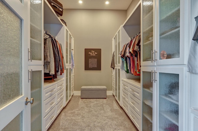 spacious closet featuring light colored carpet