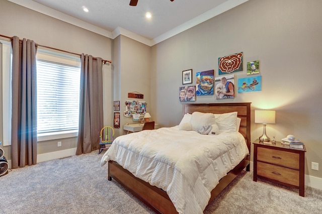 bedroom with carpet, baseboards, recessed lighting, ceiling fan, and crown molding