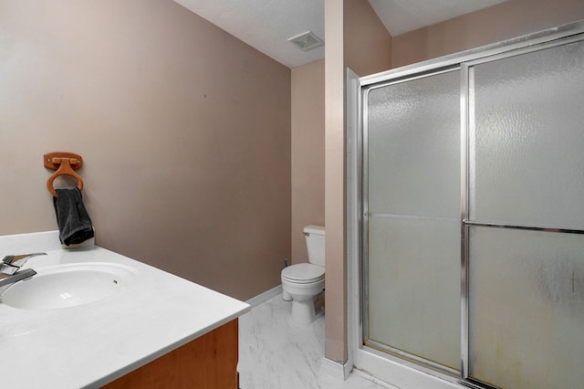 full bath with toilet, visible vents, vanity, marble finish floor, and a shower stall