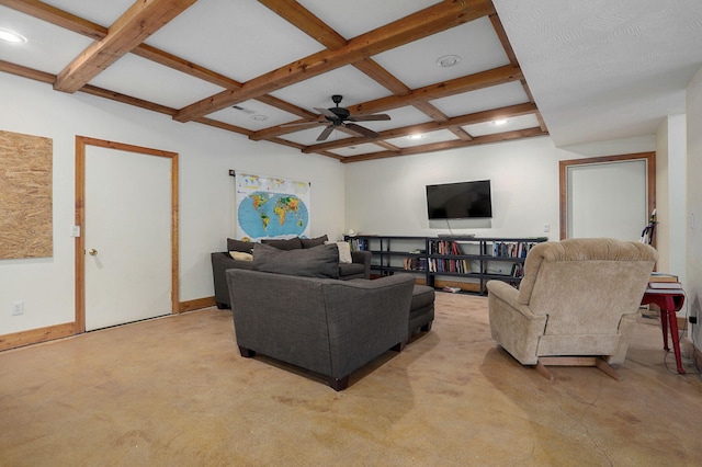 living area with baseboards, a ceiling fan, coffered ceiling, and beam ceiling