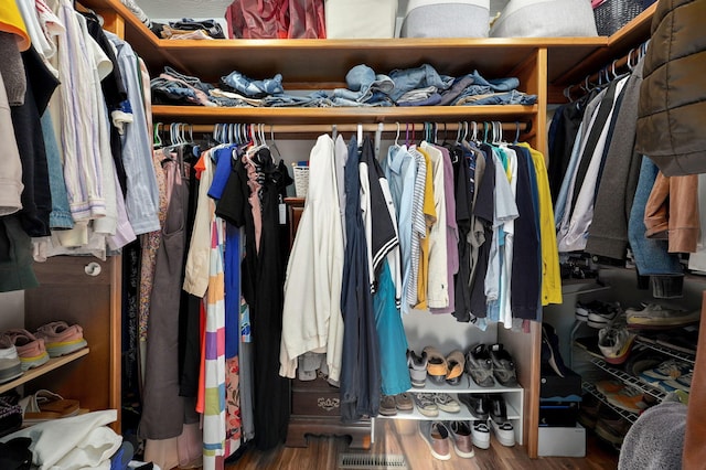 walk in closet with wood finished floors