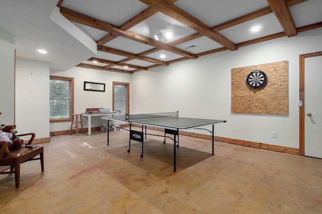 rec room featuring recessed lighting, concrete floors, coffered ceiling, baseboards, and beamed ceiling