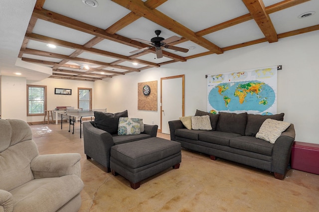 living area featuring recessed lighting, ceiling fan, concrete flooring, coffered ceiling, and beamed ceiling