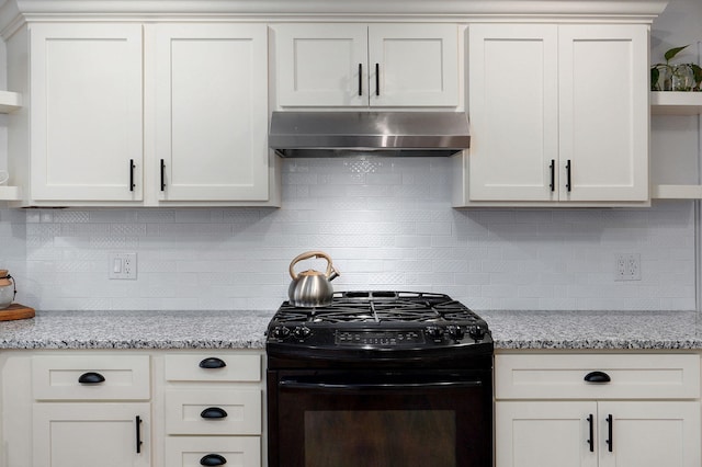 kitchen featuring open shelves, under cabinet range hood, white cabinets, and black gas range oven