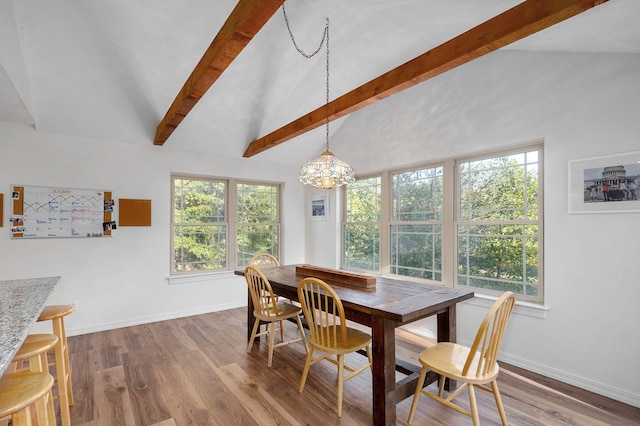 dining area featuring a healthy amount of sunlight, lofted ceiling with beams, and wood finished floors