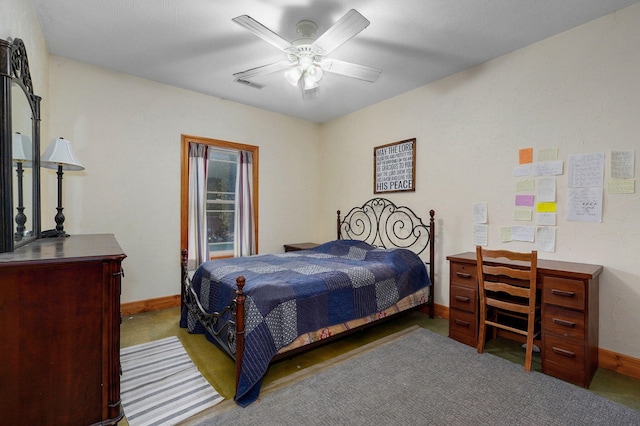 bedroom featuring a ceiling fan, visible vents, and baseboards