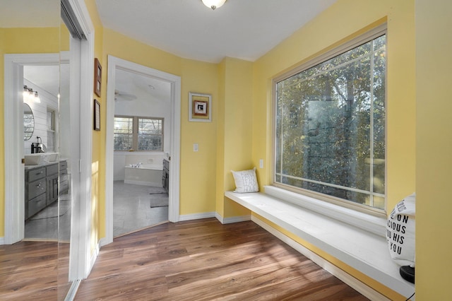 interior space with a sink, baseboards, and wood finished floors