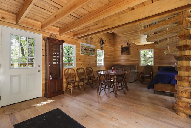 dining space featuring wooden ceiling, light wood finished floors, beam ceiling, and wood walls