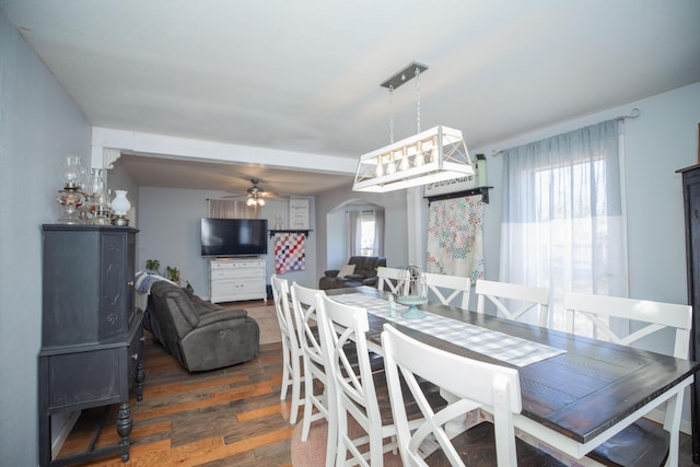 dining space with arched walkways, ceiling fan, wood finished floors, and a healthy amount of sunlight