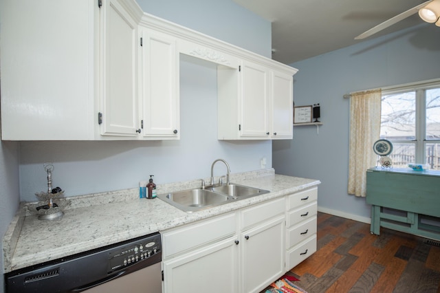 kitchen featuring dark wood-type flooring, a sink, a ceiling fan, white cabinets, and dishwasher