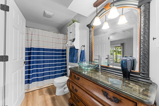 185 Eagle Pointe Dr, Branson, MO 65616 - bathroom with vanity, wood finished floors, and a shower with curtain