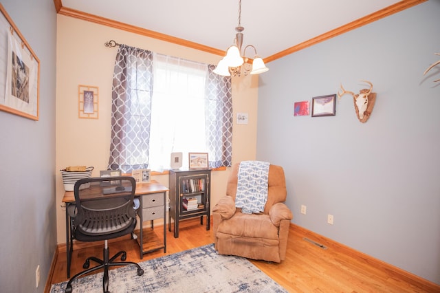 office area featuring ornamental molding, a chandelier, visible vents, and wood finished floors