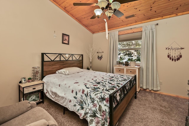 carpeted bedroom featuring visible vents, baseboards, a ceiling fan, lofted ceiling, and wood ceiling