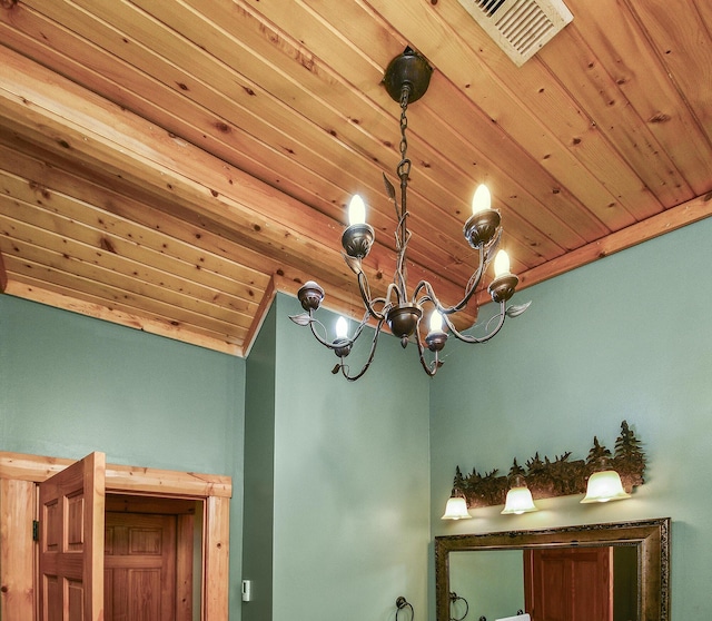 interior details with wood ceiling, visible vents, and a notable chandelier