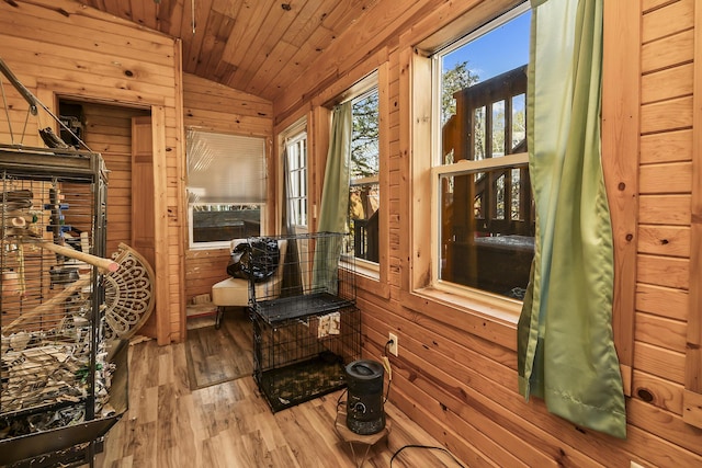 interior space with lofted ceiling, wood walls, wood finished floors, and wood ceiling