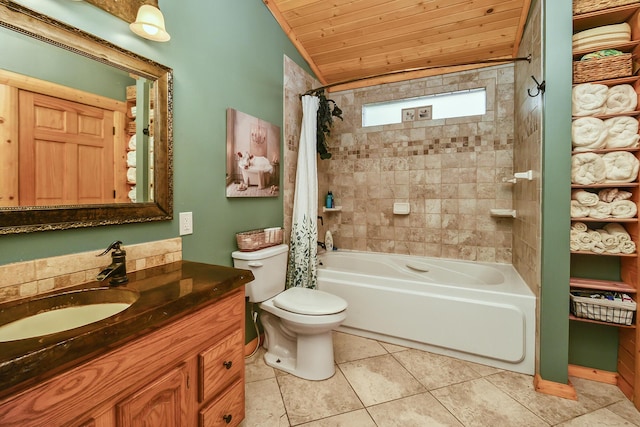 full bathroom with toilet, wooden ceiling, tile patterned flooring, shower / bathtub combination with curtain, and vanity