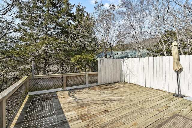 wooden terrace featuring fence