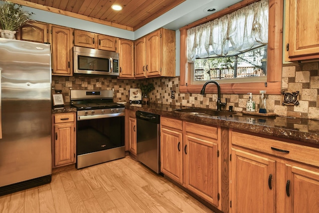 kitchen featuring appliances with stainless steel finishes, backsplash, a sink, and brown cabinetry